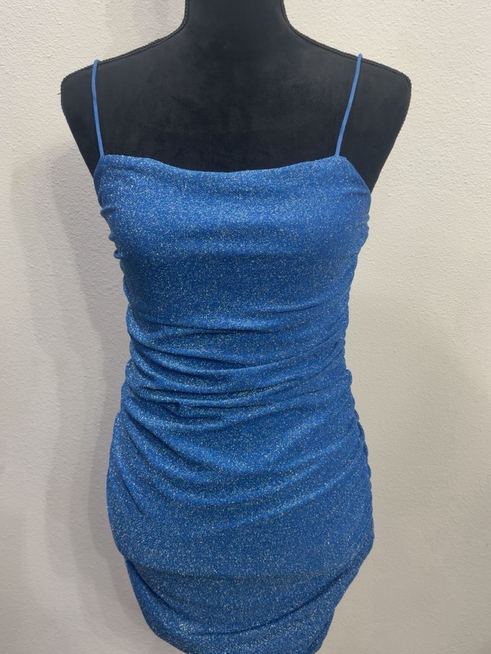 SHEIN Blue Sparkle Ruched Cowl Slip Dress